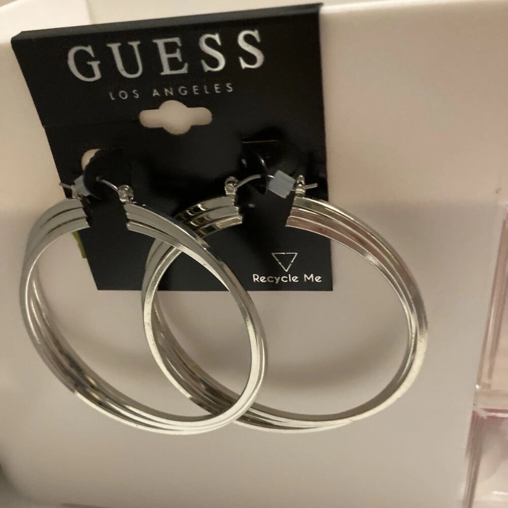 GUESS 2” Hoop SILVERTONE Earrings NWT